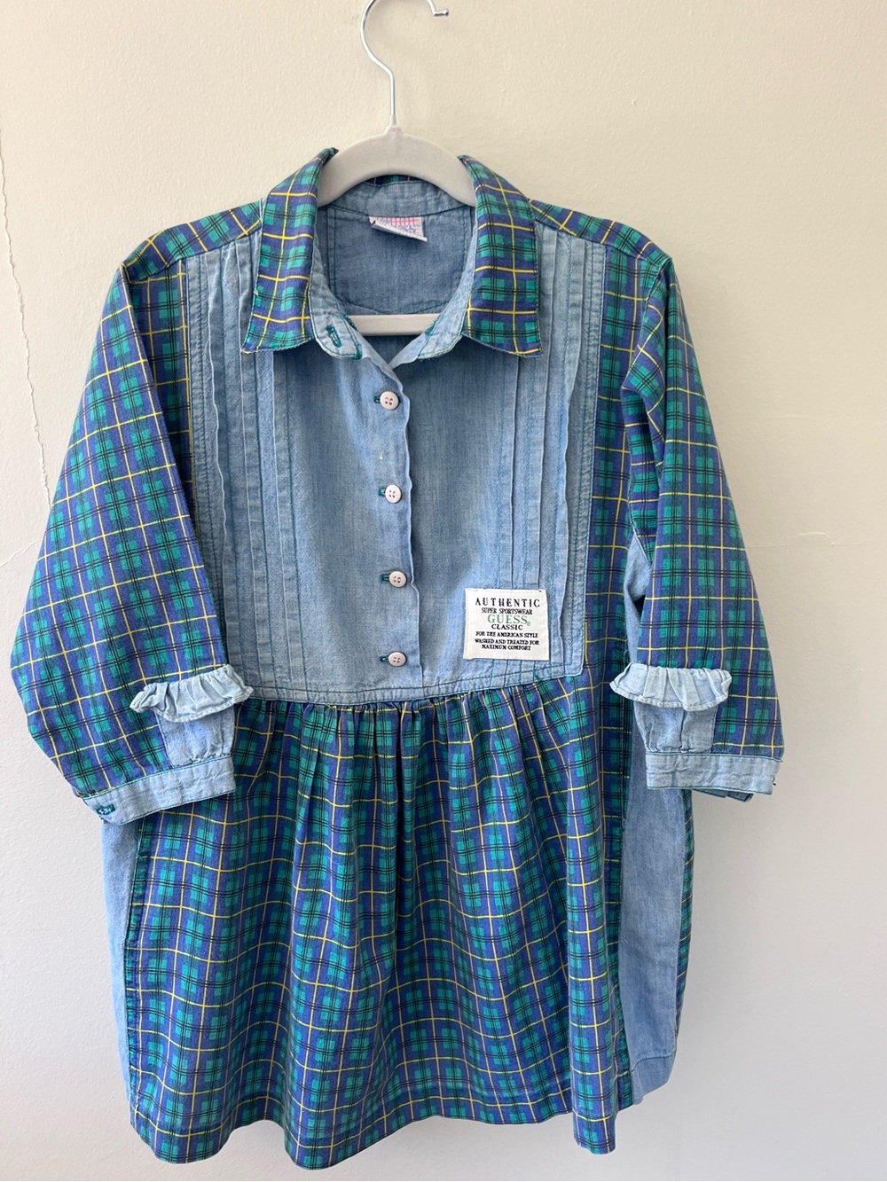 Vintage Baby Guess by Georges Marciano | Denim and Plaid Long-Sleeved Dress | 5